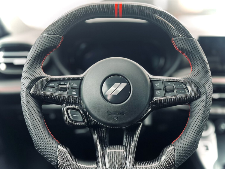 Dodge Hornet Custom Steering Wheel - Carbon Fiber - Flat Top/ Flat Bottom - w/ 2 Red Center Stripes - Perforated Leather